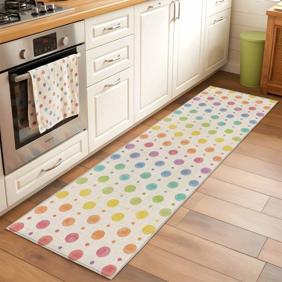 Runner Rug for Bedroom Hallway, Watercolor Dots on Linen Burlap Kitchen Runner Rugs Area Rug 2x6ft, Colorful Ombre Dot Polka Washable Soft Floor Carpet for Entryway Stair
