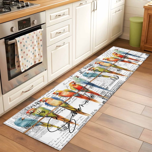 Runner Rug for Bedroom Hallway, Watercolor Parrot on Vintage Postcard Kitchen Runner Rugs Area Rug 2x6ft, Colorful Bird Letter Texture Washable Soft Floor Carpet for Entryway Stair