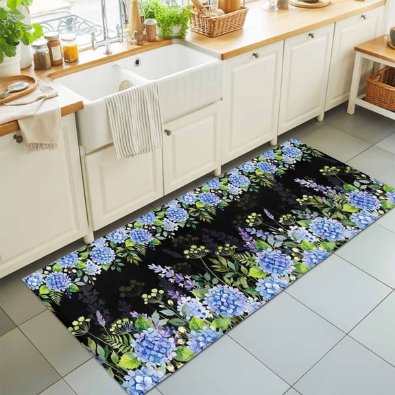 Runner Rug for Bedroom Hallway, Watercolor Purple Hydrangea Kitchen Runner Rugs Area Rug 2x6ft, Garden Flower Leaves on Black Washable Soft Floor Carpet for Entryway Stair