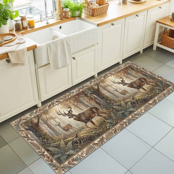 Runner Rug for Bedroom Hallway, Wild Elk Deer Natural Forest Scene Kitchen Runner Rugs Area Rug 2x6ft, Botanical Leaves Trees Washable Soft Floor Carpet for Entryway Stair