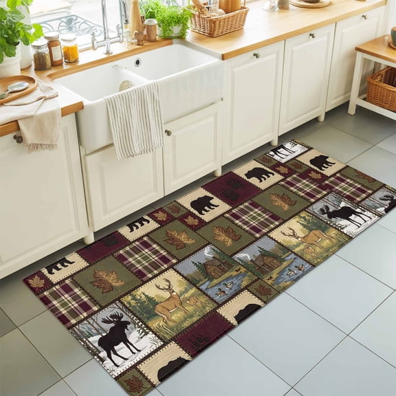 Runner Rug for Bedroom Hallway, Wildlife Moose Deer Bear Silhouettes Kitchen Runner Rugs Area Rug 2x6ft, Animal Plaid Washable Soft Floor Carpet for Entryway Stair