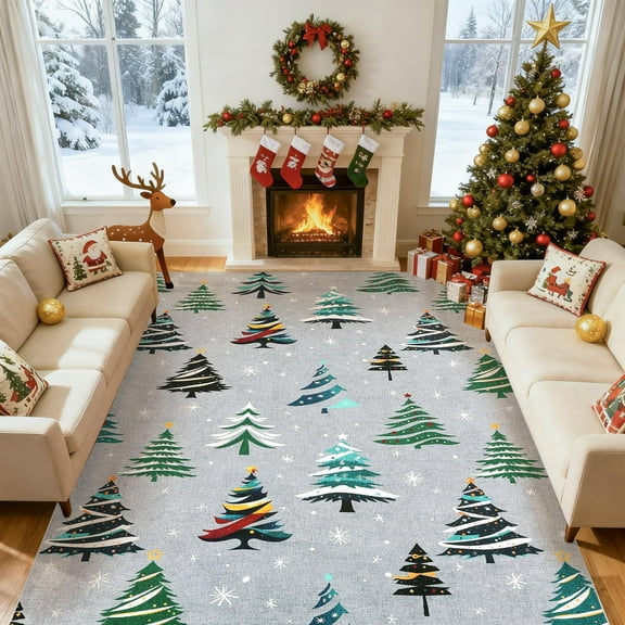 Runner Rug, Christmas Area Rugs with Xmas Tree Pattern for Holiday Decor, Non Slip Low Pile Washable Carpet for Kitchen, Entryway, Living Room, Bedroom