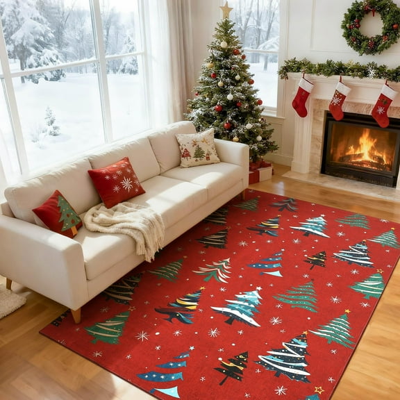 Runner Rug, Christmas Area Rugs with Xmas Tree Pattern for Holiday Decor, Non Slip Low Pile Washable Carpet for Kitchen, Entryway, Living Room, Bedroom