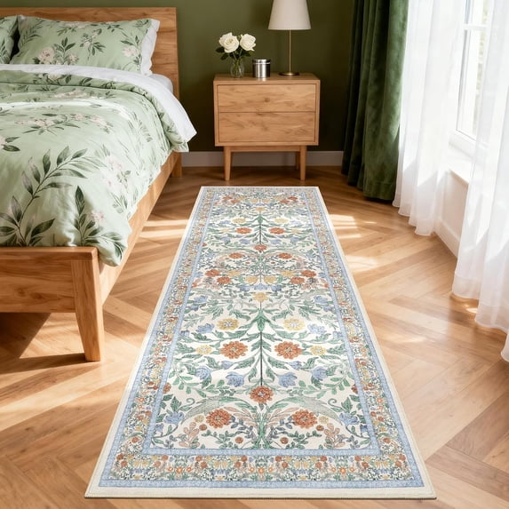 Runner Rug for Entryway, 2x6 Non-Slip Washable Stain-Resistant Ultra-Thin Carpet Soft Floral Low Pile Rug for Kitchen, Entryway, Hallway, Bathroom, Laundry, Dorm