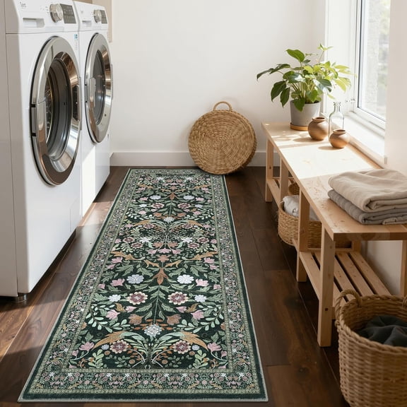 Runner Rug for Entryway, 2x6 Non-Slip Washable Stain-Resistant Ultra-Thin Carpet Soft Floral Low Pile Rug for Kitchen, Entryway, Hallway, Bathroom, Laundry, Dorm