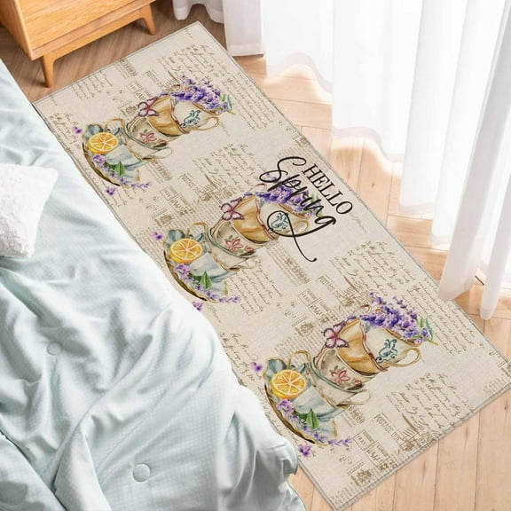 Runner Rug, Flower Teacup Lavender Spring Summer Lemon Retro Coffee Cup,Soft Non Slip Entry Mat Washable Kitchen Area Carpet for Bathroom,Bedroom,Living Room,1 Piece, 15.7x47.2 Inch