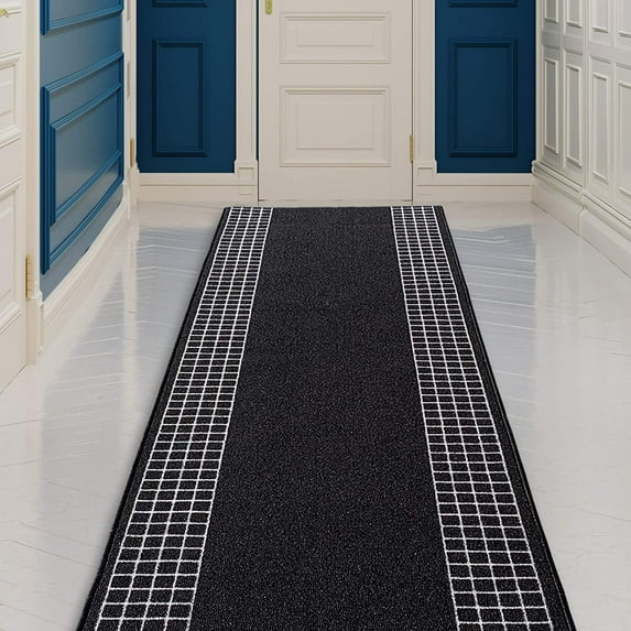 Runner Rug for Hallway Checkered Bordered Black Color 26 Inch or 31 Inch Wide by Your Length Choice Slip Resistant Rubber Backing Stain Resistant Pile Stair Runner