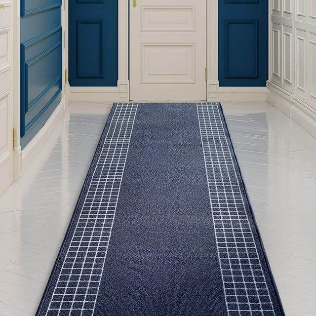 Runner Rug for Hallway Checkered Bordered Blue Color 26 Inch or 31 Inch Wide by Your Length Choice Slip Resistant Rubber Backing Stain Resistant Pile Stair Runner