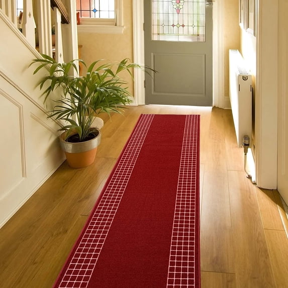 Playa Rug Checkered Border Non-slip Contemporary 26-inch Wide Runner Rug 3 Feet - Red