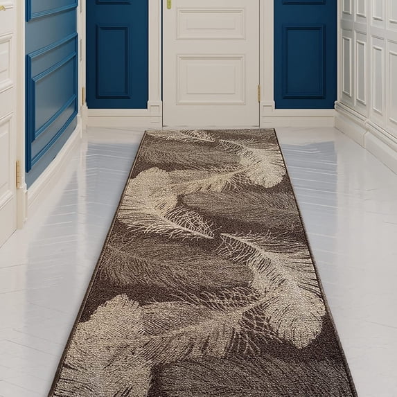 Runner Rug for Hallway Feather Brown Color 26 Inch or 31 Inch Wide by Your Length Choice Slip Resistant Rubber Backing Stain Resistant Pile Stair Runner