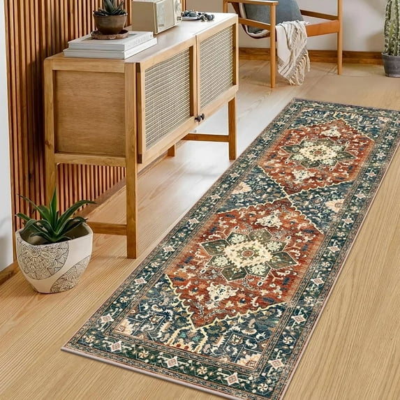 2'x6' Runner Rug for Hallway Floor, Yamaziot Rug Carpet Runner with Rubber Backing, Washable Non Slip Vintage Mat for Bedroom, Laundry