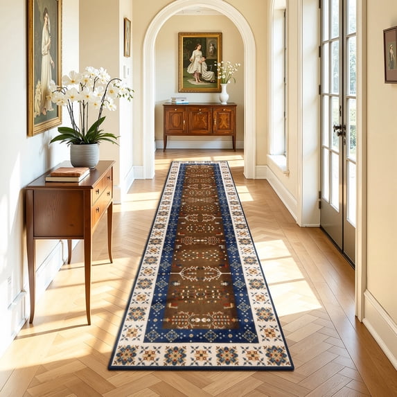 2'x8' Runner Rug, Yamaziot Washable Rug Runner for Hallway, Non Slip Laundry Room Mat Kitchen Floor Carpet, Persian Boho Blue