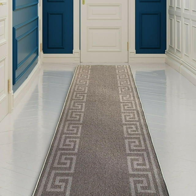 Runner Rug for Hallway Greek Key Design Gray Light Gray Color 26 Inch or 31 Inch Wide by Your Length Choice Slip Resistant Rubber Backing Stain Resistant Pile Stair Runner