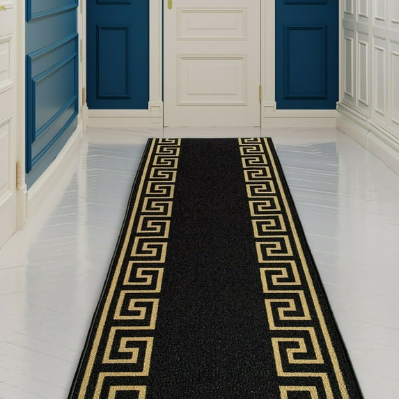 Runner Rug for Hallway Greek Key Print Design Black Gold Color 26 Inch or 31 Inch Wide by Your Length Choice Slip Resistant Rubber Backing Stain Resistant Pile Stair Runner
