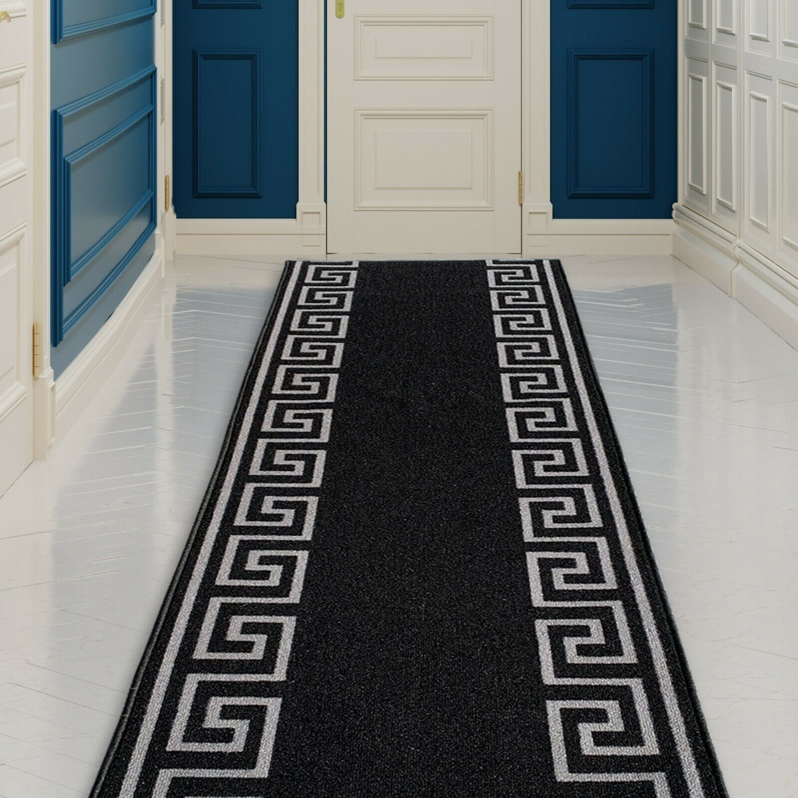 Runner Rug for Hallway Greek Key Print Design Black Silver Color 26 Inch or 31 Inch Wide by Your Length Choice Slip Resistant Rubber Backing Stain Resistant Pile Stair Runner