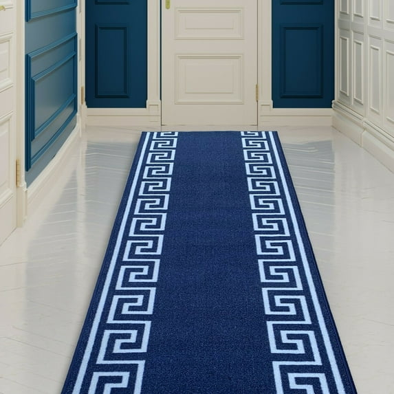 Runner Rug for Hallway Greek Key Print Design Blue White Color 26 Inch or 31 Inch Wide by Your Length Choice Slip Resistant Rubber Backing Stain Resistant Pile Stair Runner