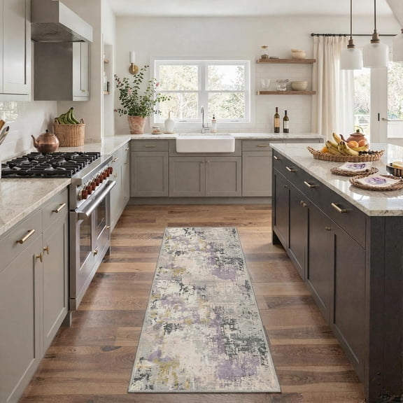 Runner Rug for Hallway Kitchen, 2x6 Machine Washable Runners Rug for Entryway, Soft Modern Abstract Throw Rugs, Low Pile Floor Cover with Non Slip Backing, Lavender Grey