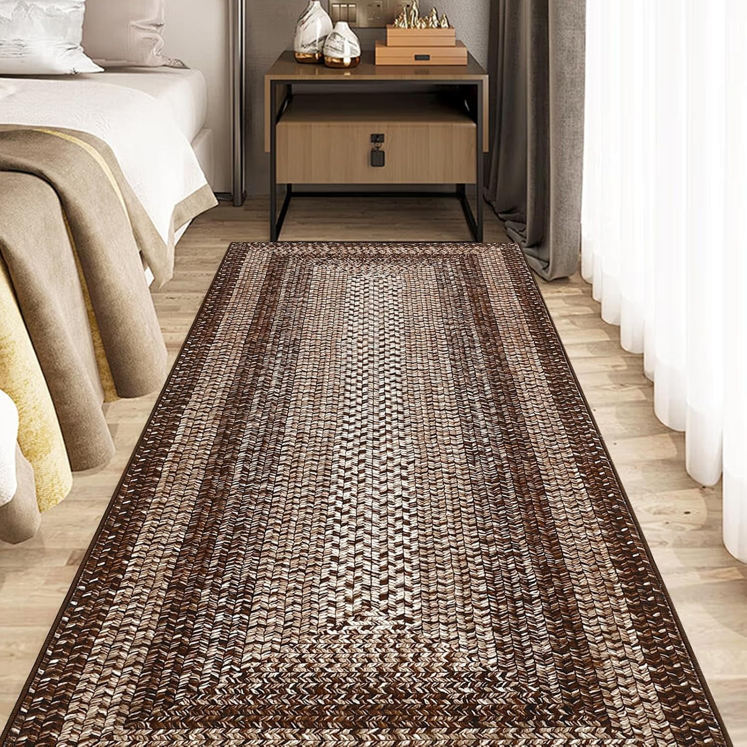 Runner Rug for Hallway Kitchen Runner Carpet 2x10, Machine Washable Long Runner Throw Mat, Non Slip Entryway Rug Stain Resistant Braided Printed Carpet for Bedroom Living Room, Brown