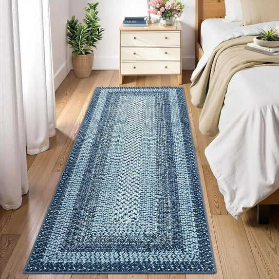Runner Rug for Hallway Kitchen Runner Mat 2x10, Machine Washable Long Runner Throw Carpet, Non Slip Entryway Rug Stain Resistant Braided Printed Carpet for Bedroom Living Room, Blue