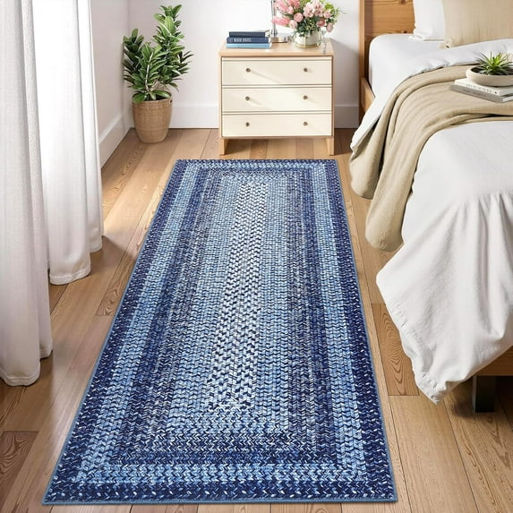 Runner Rug for Hallway Kitchen Runner Rug 2x10, Machine Washable Long Runner Rug Throw Rug, Non Slip Entryway Rug Stain Resistant Braided Printed Carpet for Bedroom Living Room, Navy