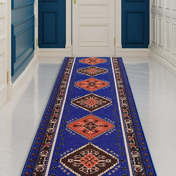 Runner Rug for Hallway Southwestern Blue Color 26 Inch or 31 Inch Wide by Your Length Choice Slip Resistant Rubber Backing Stain Resistant Pile Stair Runner