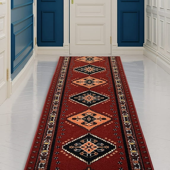 Runner Rug for Hallway Southwestern Burgundy Color 26 Inch or 31 Inch Wide by Your Length Choice Slip Resistant Rubber Backing Stain Resistant Pile Stair Runner