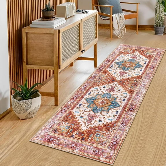 2'x6' Runner Rug for Hallway Floor, Yamaziot Rug Carpet Runner with Rubber Backing, Washable Non Slip Vintage Mat for Bedroom, Laundry