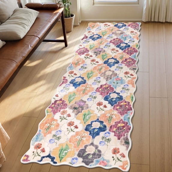 Scalloped Runner Rug for Hallway, Yamaziot 2'x6' Washable Floral Rug Runner for Floor, Non Slip Bedroom Carpet, Colorful