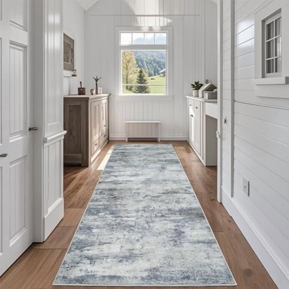 Runner Rug for Hallways Kitchen 2'6"x8' Washable Non Slip: Carpet Non Skid 8ft Entryway Rubber Backed 8 Feet Neutral Abstract Modern Rug Low Pile Pet Friendly Indoor Blue Grey