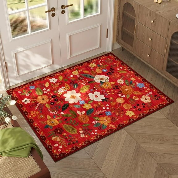 Runner Rug for Hallways Kitchen Runner Rug Non Slip 2''x 6'' Washable Runner Rugs with Rubber Backing Soft Floral Carpet Runner for Hallways, Kitchen, Laundry, Bedroom, Bathroom(Beige)