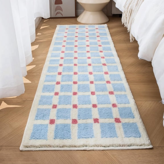 Runner Rug Mat 63" x 20", Extra Soft Absorbent Plush Fluffy Bath Rugs, Non-Slip Washable Bath Mats for Bathroom Floor Shower Bedroom Decor, Light Blue Cream Checkered with Pink Accents