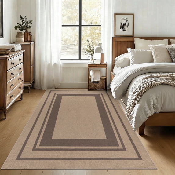 Washable Rug 5x7 for Bedroom Large Living Room Rug with Rubber Backing Casual Striped Border Throw Carpet Modern Contemporary Area Rug for Dining Room