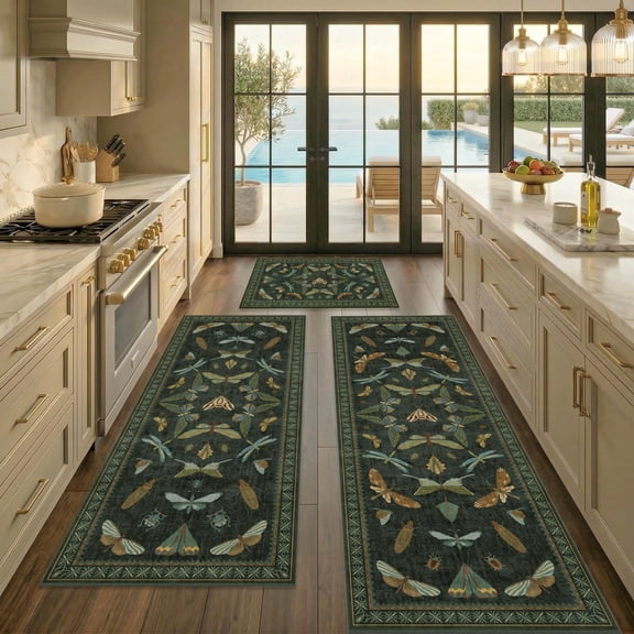 Runner Rug Set Insect - Dark Green 20"x32"+20"x48"+20"x59" Kitchen Floor Mats