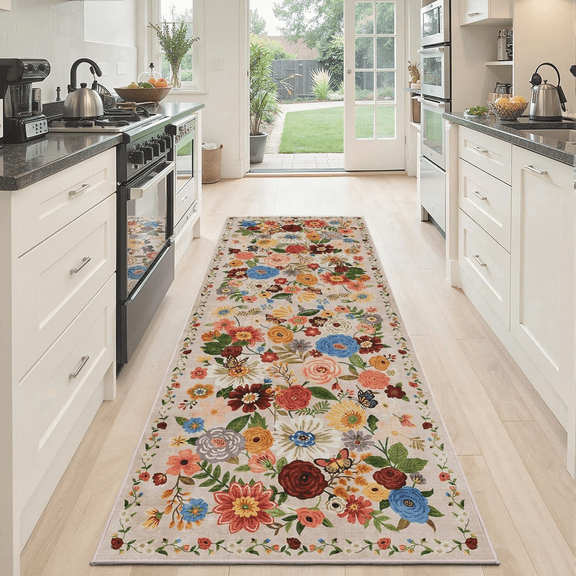 Runner Rug, Size 2'×6', Cream Floral Non Slip Hallway Carpet, Washable Decor Floor Runner for Kitchen Entryway& Bedside