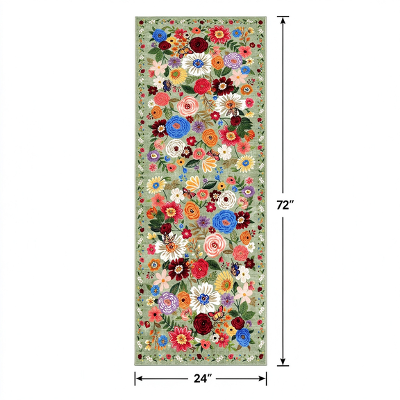 Runner Rug, Size 2'×6', Green Floral Non Slip Hallway Carpet, Washable Decor Floor Runner for Kitchen Entryway& Bedside
