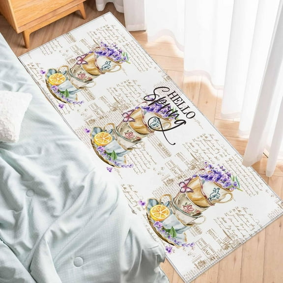 Runner Rug, Spring Summer Lavender Flower Teacup Lemon Coffee Cup,Soft Non Slip Entry Mat Washable Kitchen Area Carpet for Bathroom,Bedroom,Living Room,1 Piece, 15.7x47.2 Inch