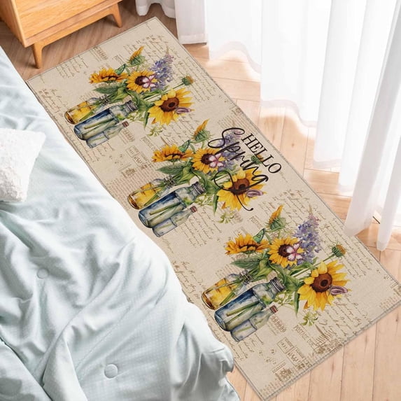 Runner Rug, Sunflower Bottle Retro Spring Floral Summer Flower,Soft Non Slip Entry Mat Washable Kitchen Area Carpet for Bathroom,Bedroom,Living Room,1 Piece, 18x47.2 Inch