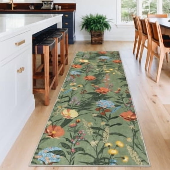 Runner Rug Washable Hallway Runner Rug Ultra-Thin Low Pile Foldable Mat Non Slip Non-Shedding Kitchen Rugs Indoor Modern Floral Accent Runners for Bedroom Entryway Laundry Bedside