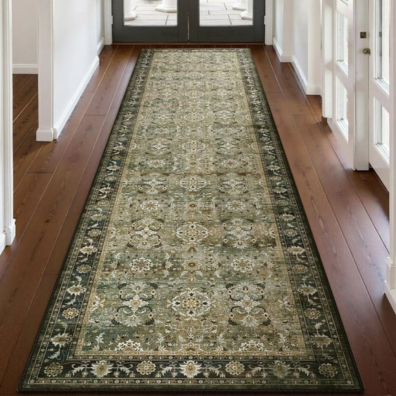 Runner Rug for Hallway, Yamaziot 2'x8' Washable Rug for Floor with Rubber Backing, Vintage Distressed Non Skid Brown Carpet, Laundry Room Rug Mat