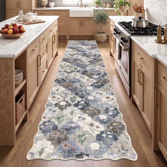 Scalloped Rugs, Yamaziot 2'x10' Runner Rug for Long Hallway, Brown Floral Rug, Washable Non Slip Rug Runner Carpet