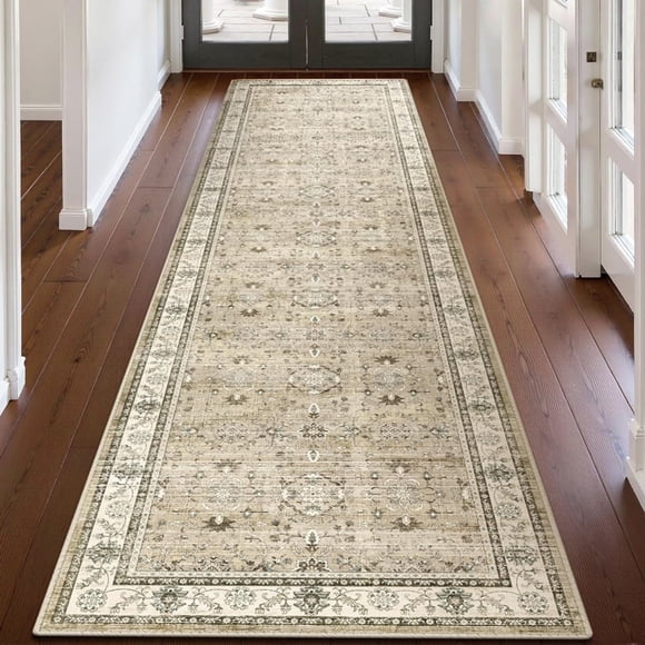 Runner Rug for Hallway, Yamaziot 2'x8' Washable Rug for Floor with Rubber Backing, Vintage Distressed Non Skid Beige Carpet, Laundry Room Rug Mat