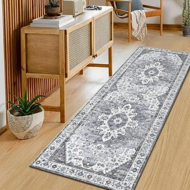Runner Rug for Hallway, Yamaziot 2'x6' Washable Rug for Floor with Rubber Backing, Vintage Non Skid Gray Carpet, Laundry Room Rug