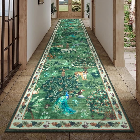Runner Rugs for Hallway, Yamaziot 2'x10' Faux Jute Rug Runner Non Slip Woven Texture Floor Carpet Farmhouse Rug for Kitchen Entryway Outdoor Patio, Natural Jungle Animals Print Decor