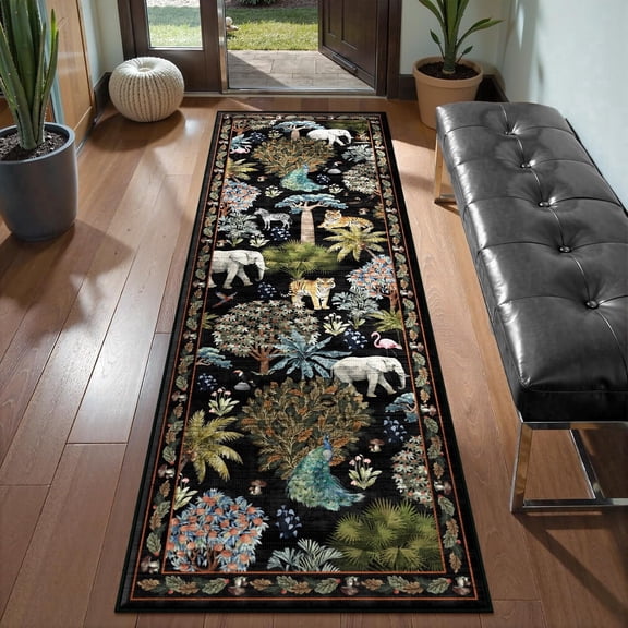 2'x6' Runner Rug, Yamaziot Black Jungle Animal Print Hallway Runner, Non Slip Rubber Backing Washable Thin Area Rug for Hallway, Living Room, Dining Room, Office, Laundry Room