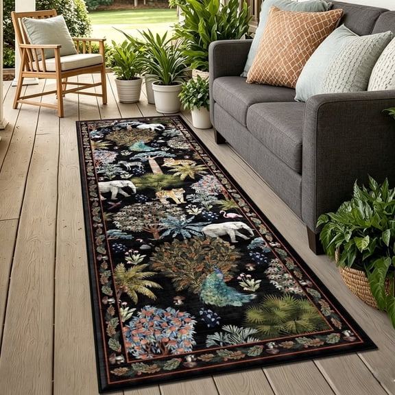 Outdoor Runner Rugs for Floor, Yamaziot 2'x6' Faux Jute Rug Carpet Runner Non Slip Woven Texture Farmhouse Hallway Rug for Kitchen Entryway Patio, Natural Jungle Animals Print Decor