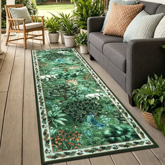 Runner Rugs for Hallway, Yamaziot 2'x6' Faux Jute Rug Runner Non Slip Woven Texture Floor Carpet Farmhouse Rug for Kitchen Entryway Outdoor Patio, Natural Jungle Animals Print Decor