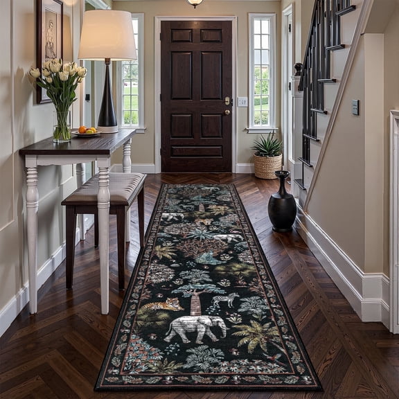 Runner Rugs for Hallway, Yamaziot 2'x8' Faux Jute Rug Runner Non Slip Woven Floor Carpet Runner Farmhouse Rug for Kitchen Entryway Outdoor Patio, Natural Jungle Animals Print Decor