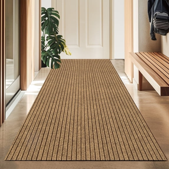 Koloko Outdoor Runner Rug Indoor Non-Slip Area Rugs Custom Size Carpet Runners with Rubber Backing Mat for Hallway Kitchen Entryway Garage Laundry Striped Brown, 3ft x 21ft