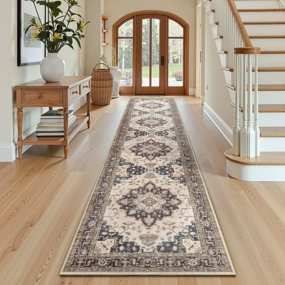 NewBuros 2'x10' Runner Rugs, Machine Washable Non Slip Rugs for Hallway, Low Pile Water Repellent Soft Vintage Print Pattern Entryway Carpet, Coffee & Beige