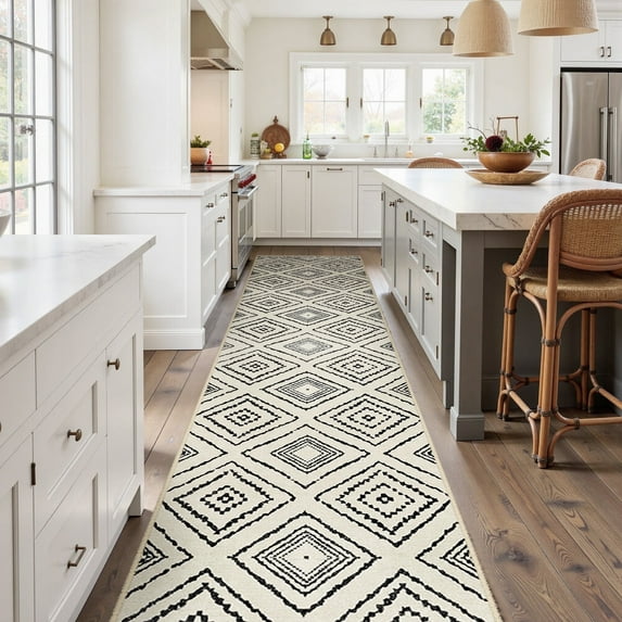 NewBuros 2'x10' Runner Rugs for Hallway, Non-Slip Machine Washable Rugs, Soft Stain Resistant Low Pile Vintage Distressed Print Western Indoor Carpet, White & Black